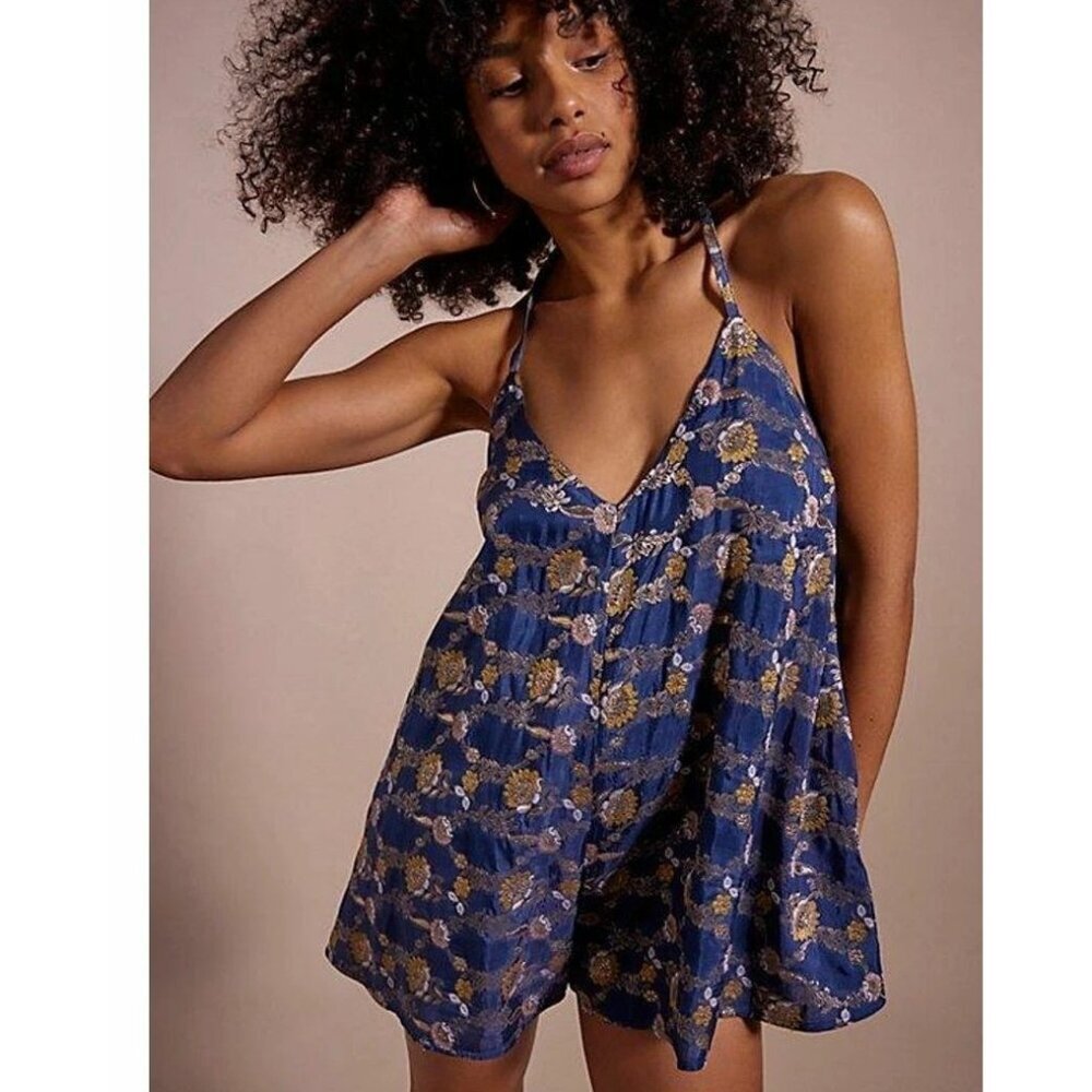 NEW FREE PEOPLE CHIARA FLORAL JACQUARD ROMPER IN BLUE SMALL